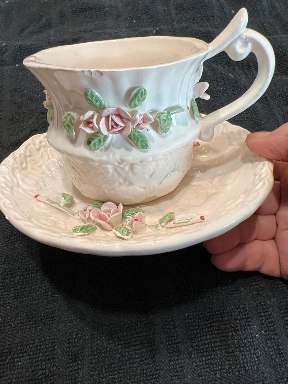 Vintage Holland Floral Rose & Lace Cup & Saucer - Cream with Pink and green